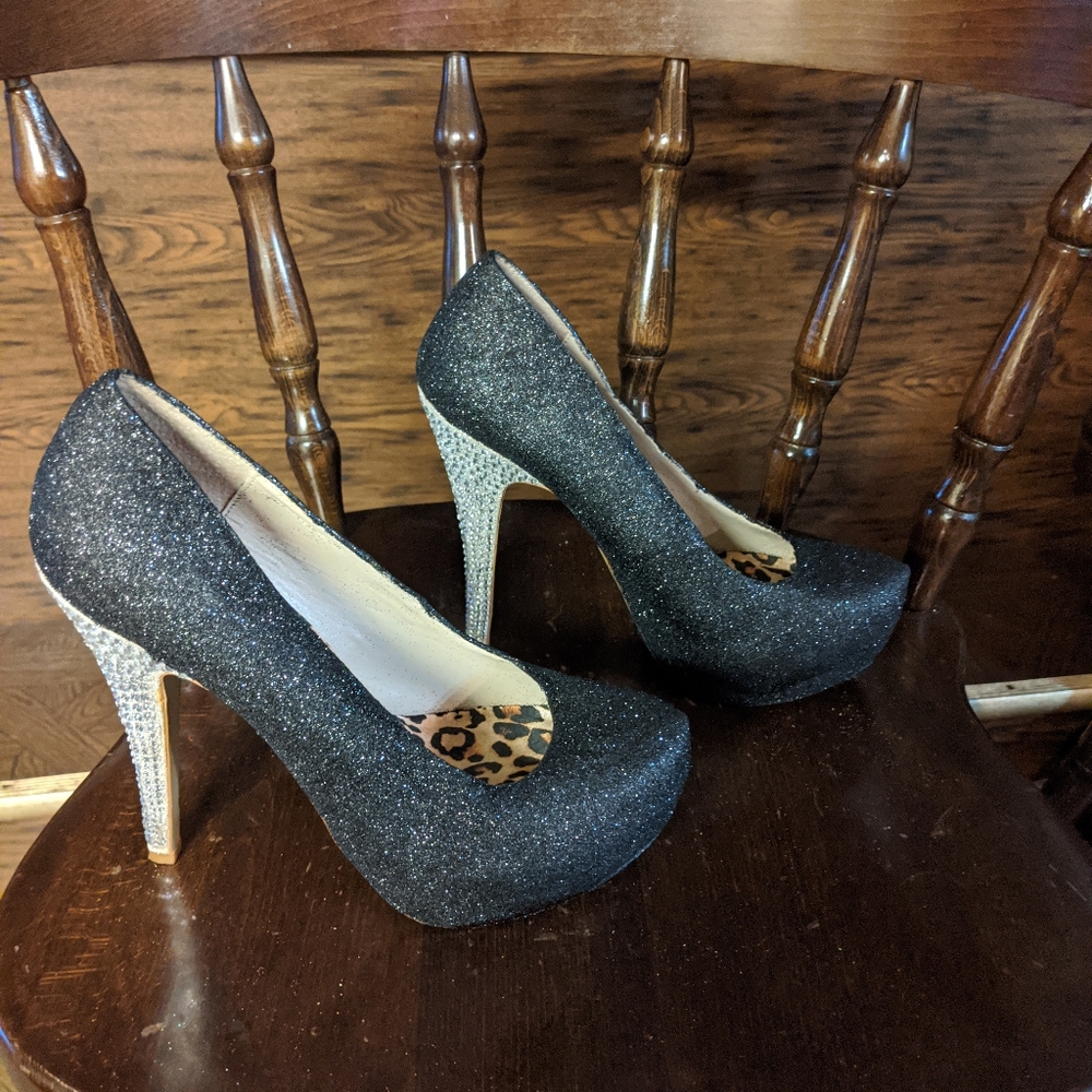 Custom black glitter and rhinestone heels